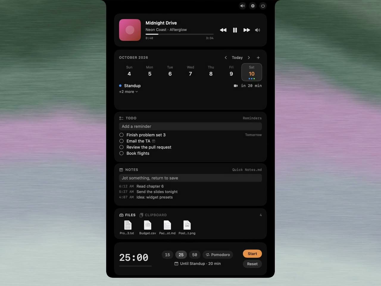 Hangover's open island in a frame from a screen recording of the app: music, a week calendar, to-dos, notes, a file tray and a timer